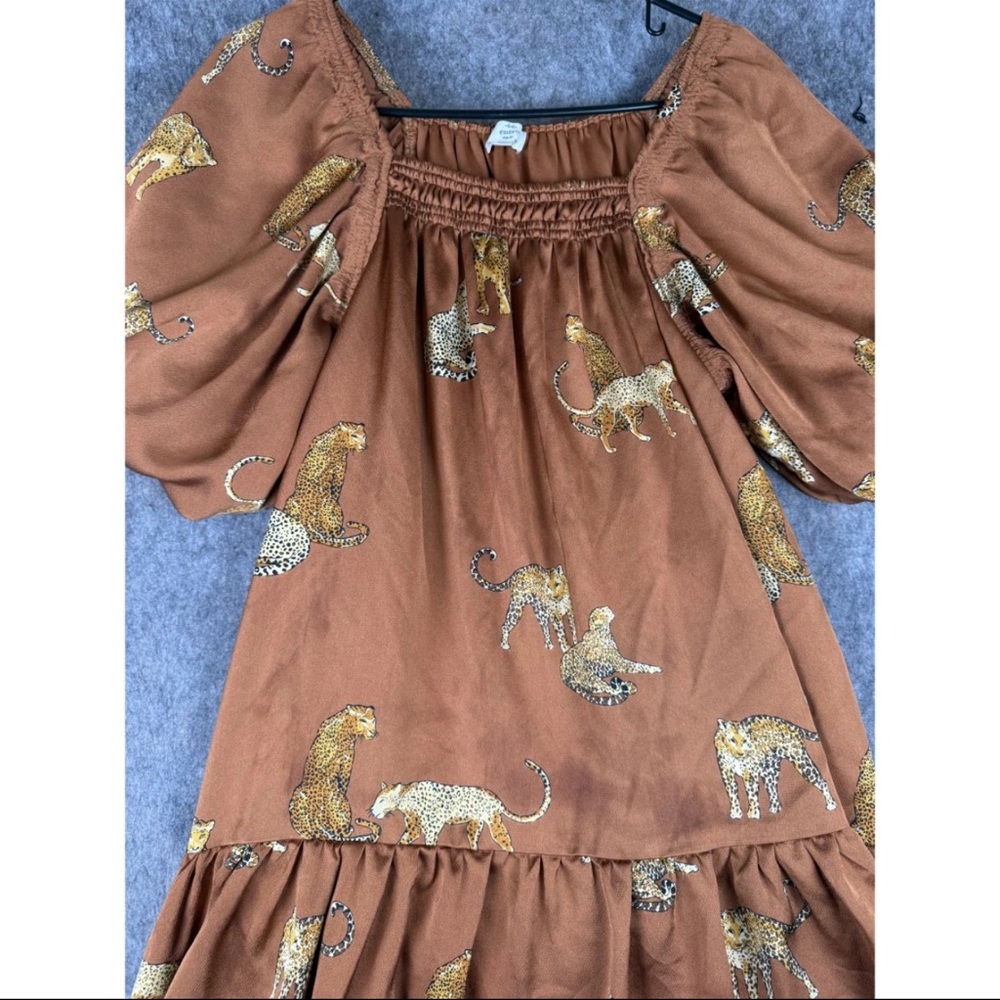 Entro Short Dress Women's Medium Brown Leopard Print Square Neck Puff Sleeve - Picture 4 of 5